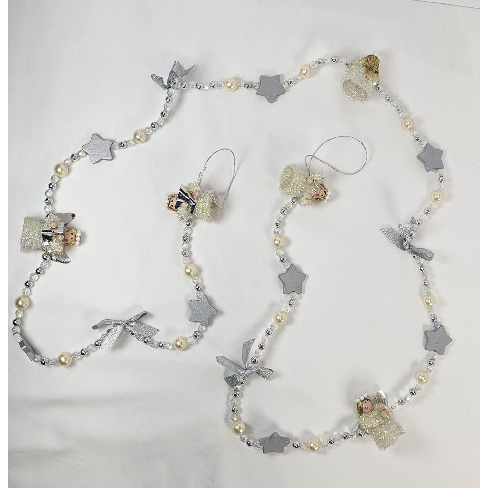 Vintage Christmas Angel Beaded Garland 69" Silver Pearl Star Tree Mantel Decor